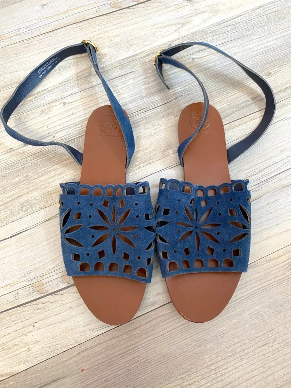 Tory Burch Navy Blue Suede Cutout Detail Sandals - Size 8